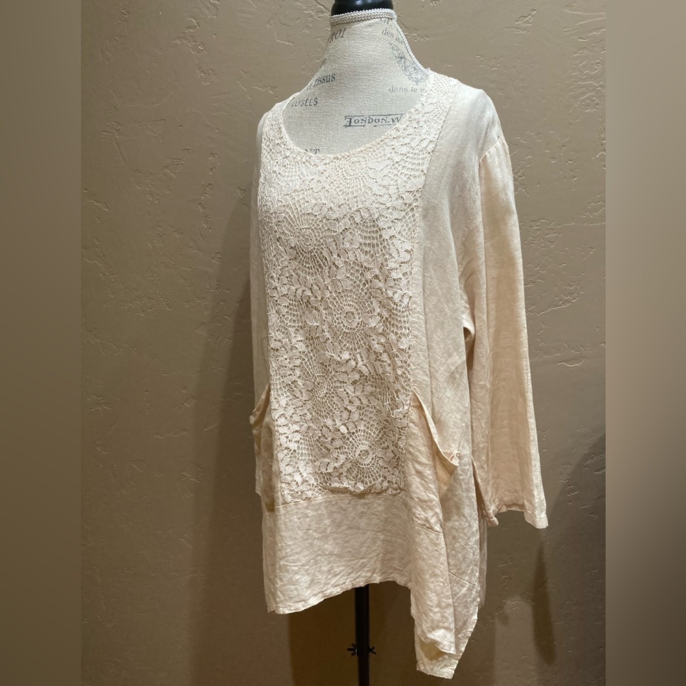 Vanessa Zani Tea Stained Linen Tunic, Size 1X